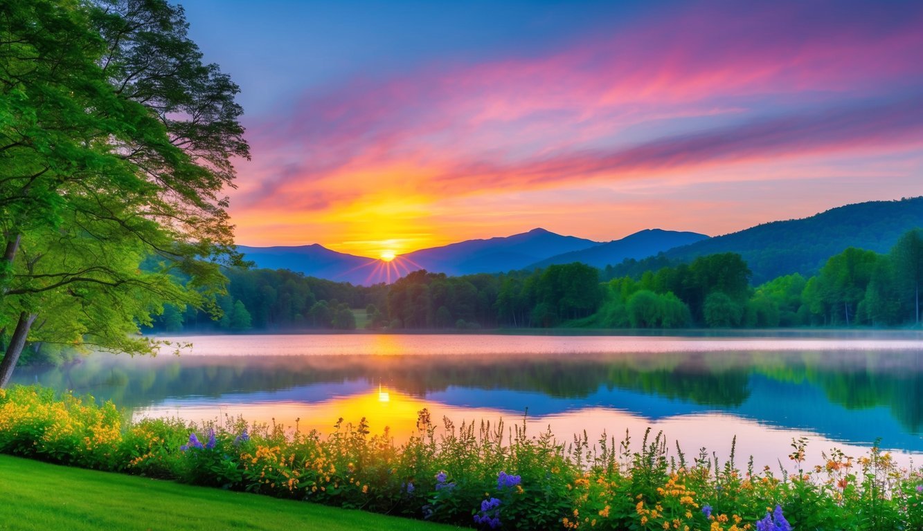 A serene landscape with a vibrant sunrise over a calm lake, surrounded by lush greenery and colorful flowers
