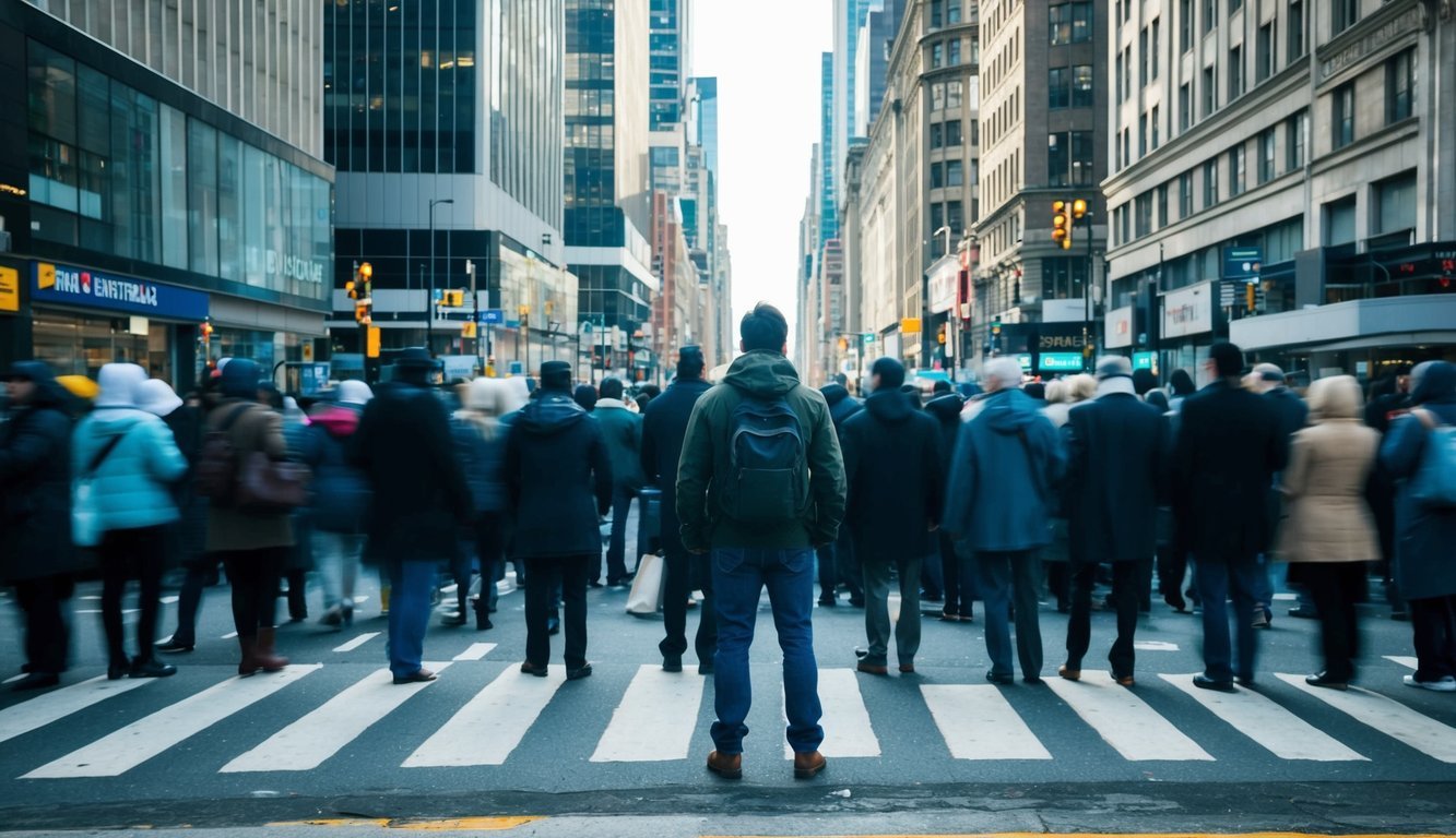 A person standing at the edge of a bustling city street, surrounded by a crowd of faceless figures