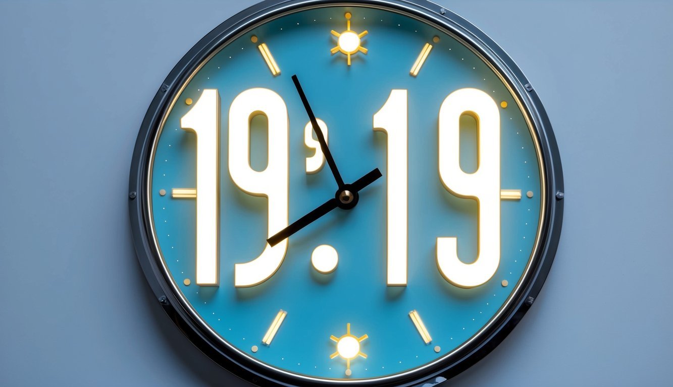 A clock showing the time as 19:19, with the numbers illuminated and surrounded by celestial symbols