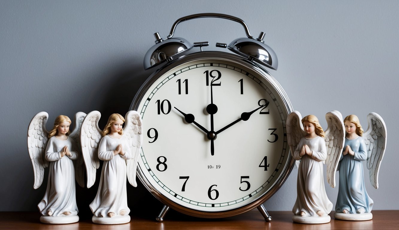 A clock showing 19:19 with four angel figurines surrounding it