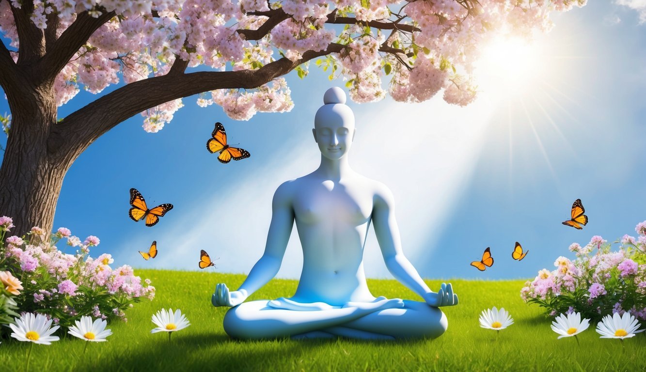 A serene figure meditates under a tree, surrounded by blooming flowers and butterflies, while a beam of light shines down from the sky