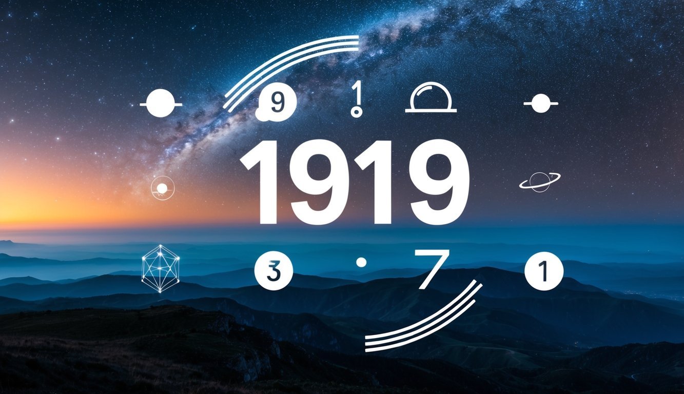 A cosmic landscape with celestial bodies and symbols representing the numerology meaning of 1919