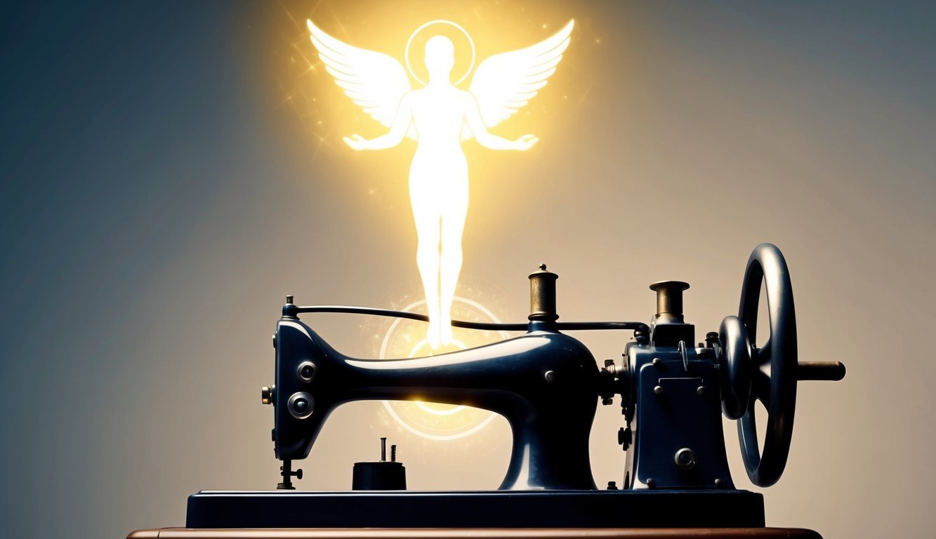A glowing celestial figure hovers above a vintage machine, emanating energy into its workings