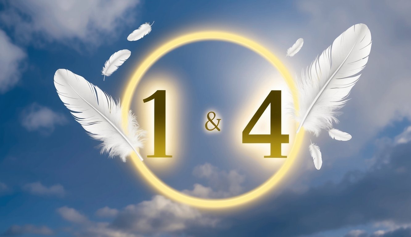 A glowing halo encircles the numbers 1 and 4, while angelic feathers float around them, symbolizing the significance of 144 angel number