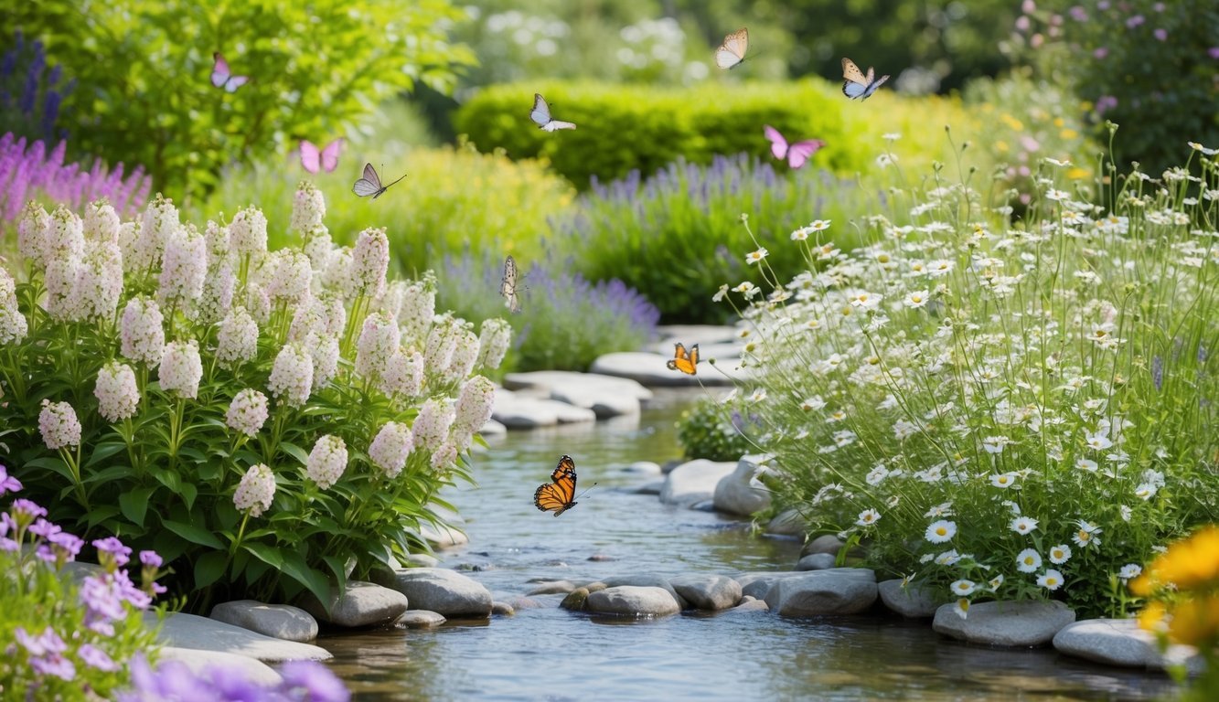 A serene garden with 144 blooming flowers, surrounded by gentle butterflies and a clear, calm stream