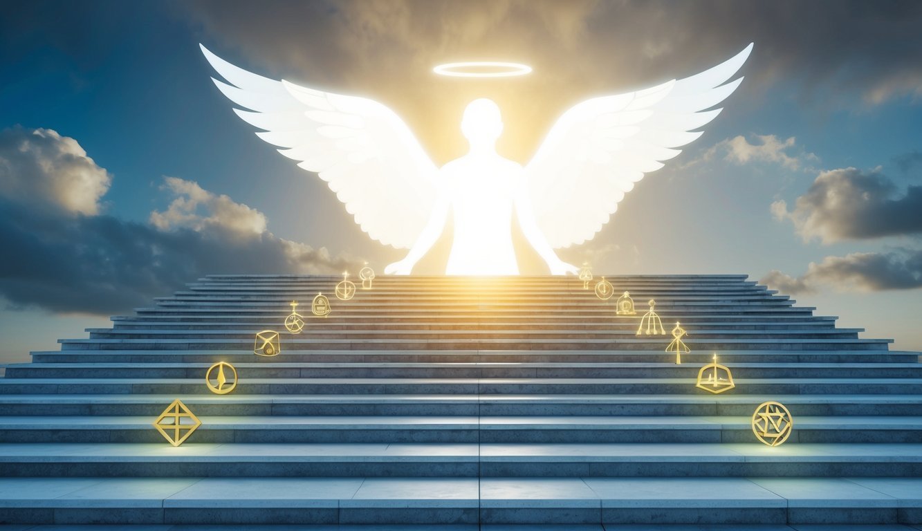 A glowing angelic figure surrounded by 144 steps leading upward, with symbols of guidance and protection