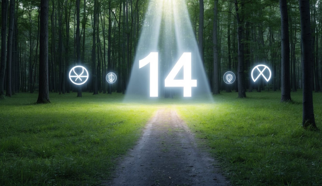 A serene forest clearing with a beam of light illuminating a path leading towards a glowing number 144 surrounded by ethereal symbols