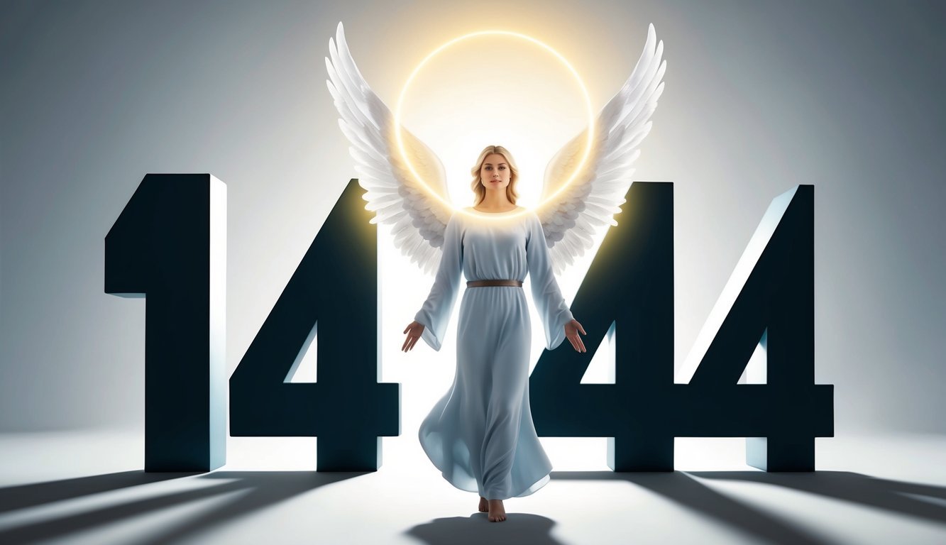 A serene angel with wings, surrounded by a glowing halo, stands before a large number 144, radiating a sense of wisdom and guidance