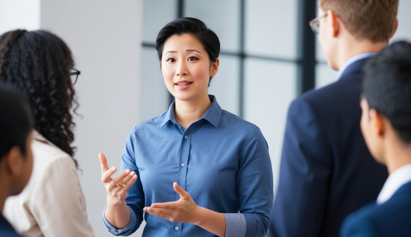 A person speaking to a group, using hand gestures and facial expressions to convey a message