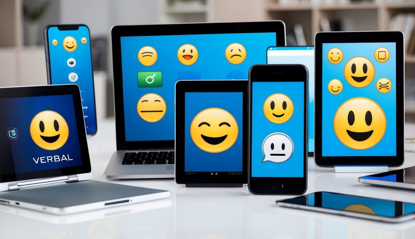 A group of electronic devices, such as smartphones, tablets, and laptops, displaying various emoticons and symbols representing verbal communication
