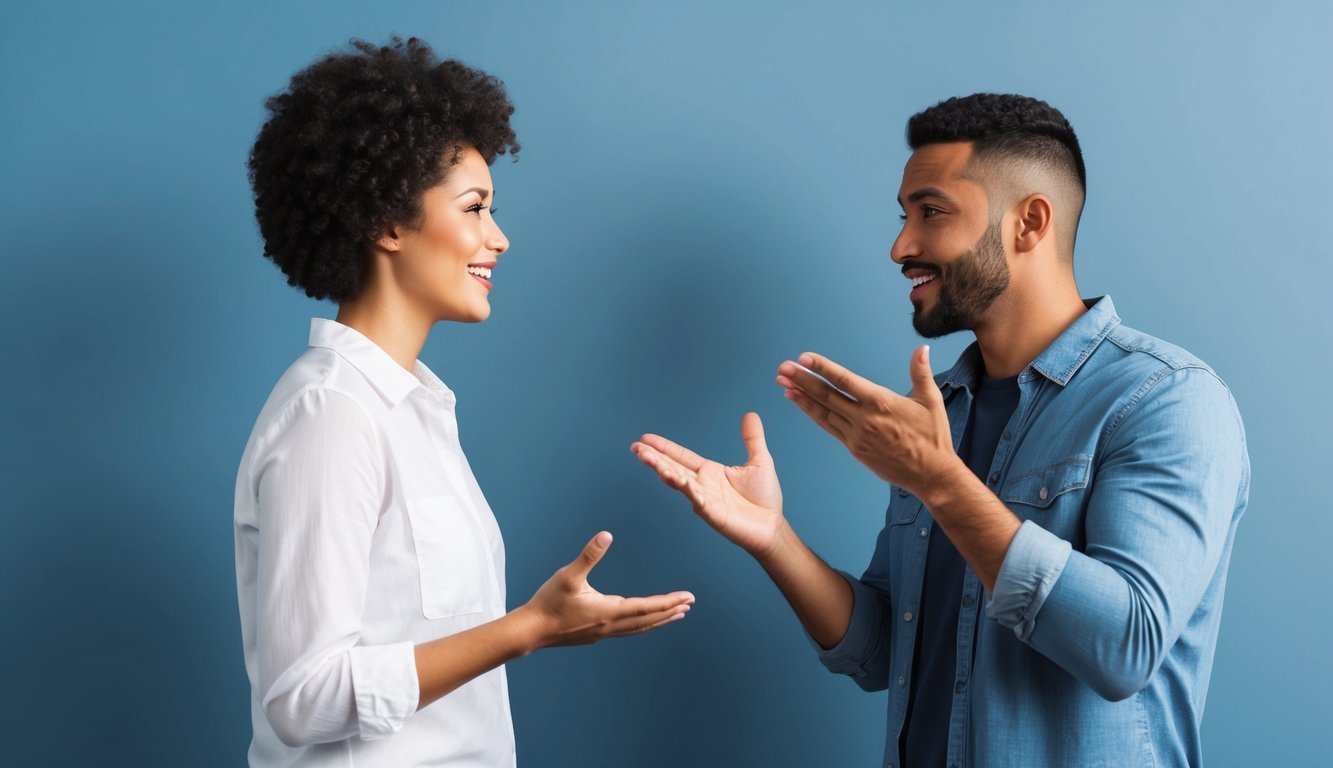 Two people facing each other, gesturing and speaking with animated expressions
