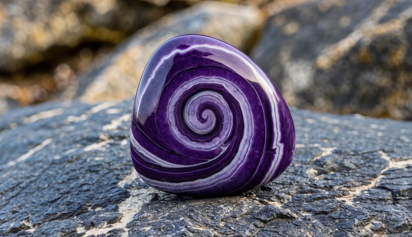 A swirling purple charoite stone with streaks of white and black, set against a backdrop of rough, rocky terrain