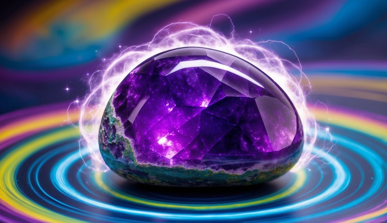 A charoite stone emitting a soft purple glow, surrounded by swirling energy and vibrant colors, evoking a sense of healing and metaphysical properties