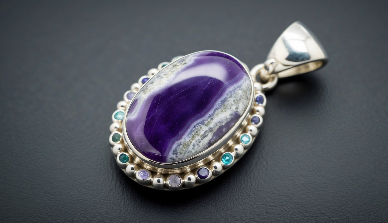 A charoite stone set in silver pendant, surrounded by smaller stones