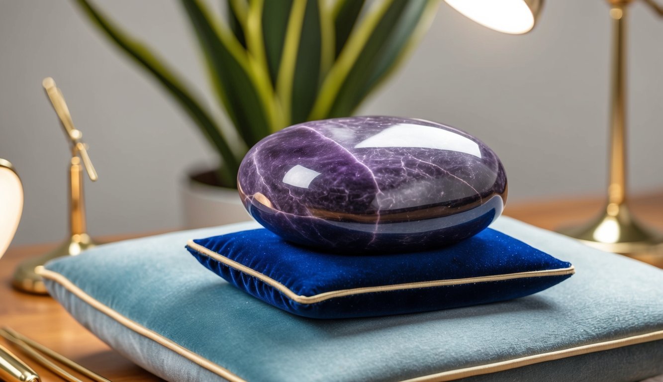 A charoite stone sits on a velvet cushion, surrounded by soft lighting and a few delicate cleaning tools