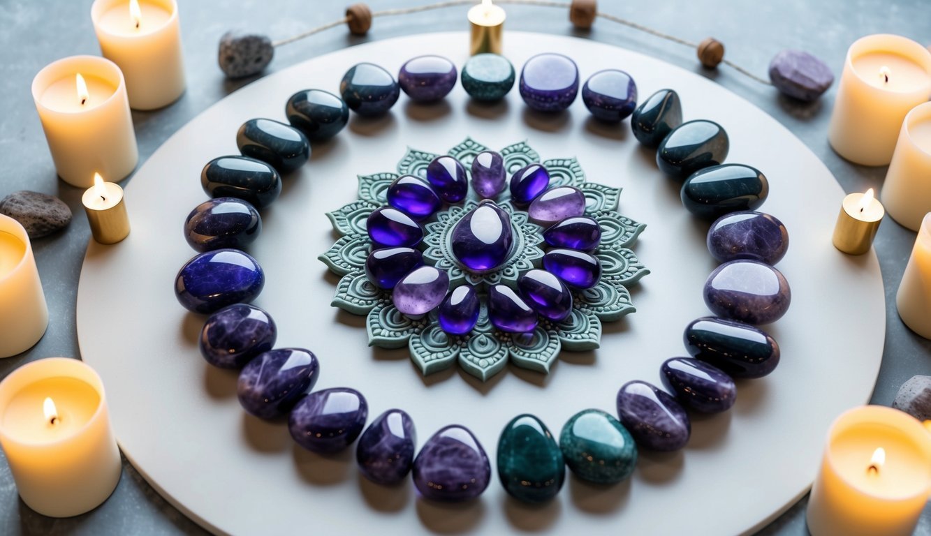 A serene meditation space with charoite stones arranged in a mandala pattern, surrounded by candles and incense