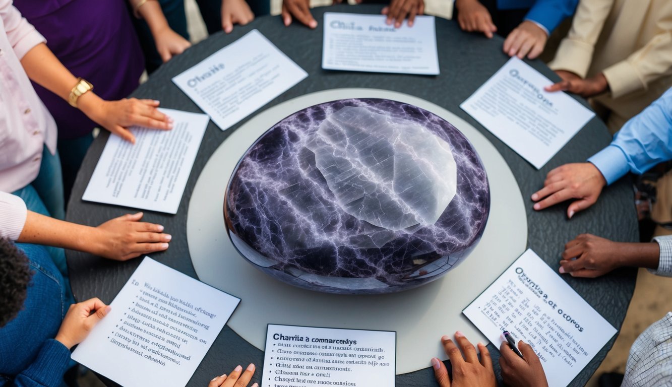 A charoite stone surrounded by curious onlookers and a list of questions