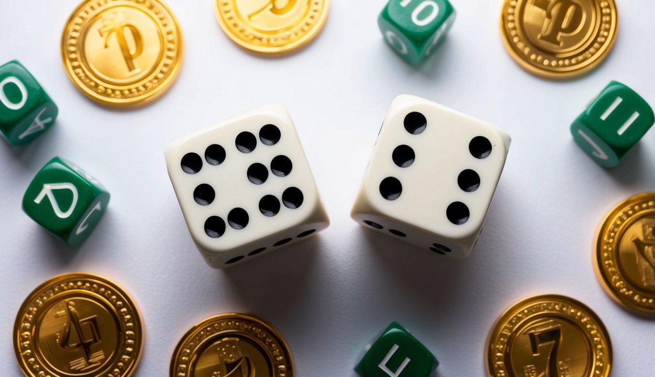 A pair of dice showing double sevens, surrounded by symbols of good luck and prosperity