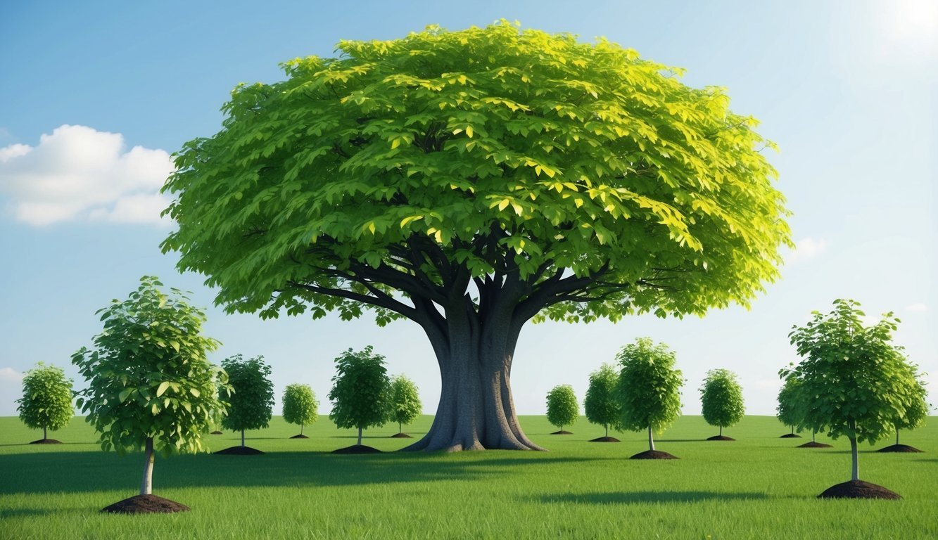 A tall, flourishing tree with 77 vibrant leaves, surrounded by smaller saplings symbolizing individual growth