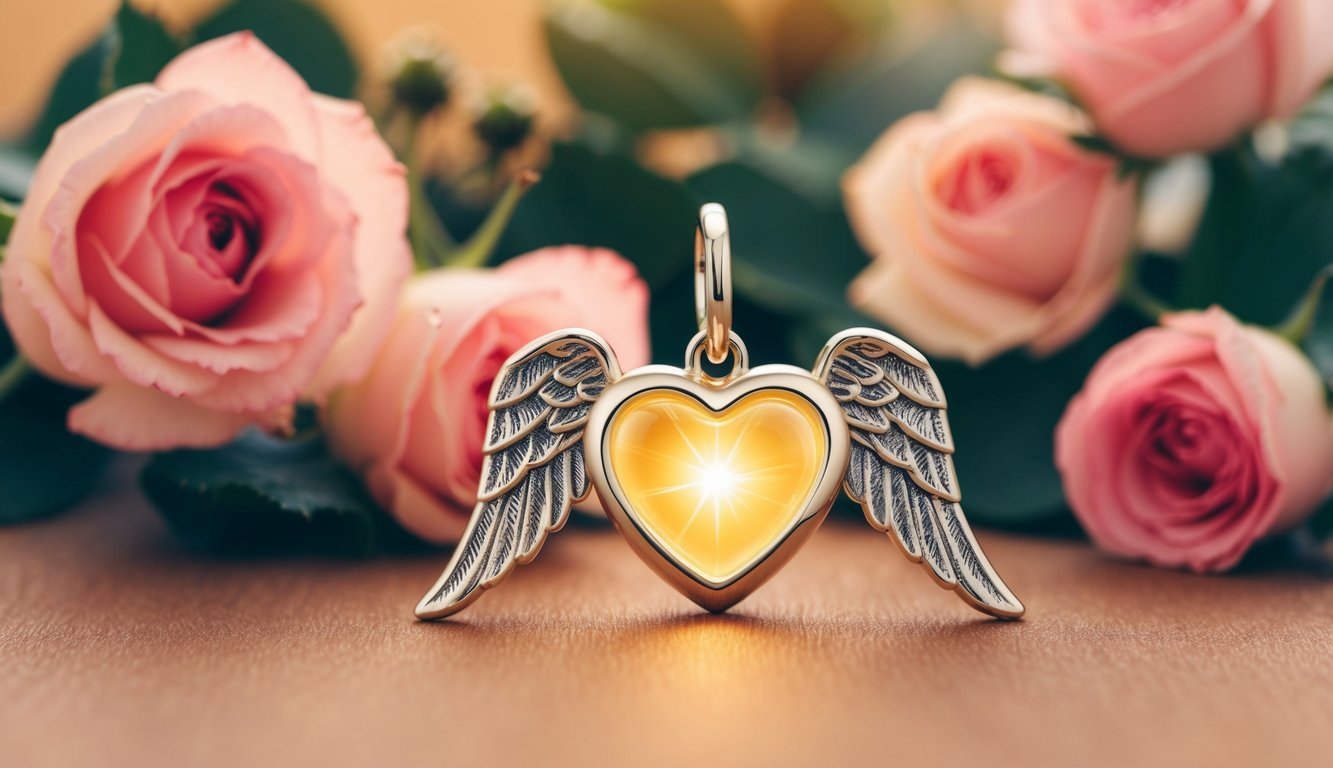 A heart-shaped charm with angel wings, surrounded by blooming roses and glowing with a warm, golden light