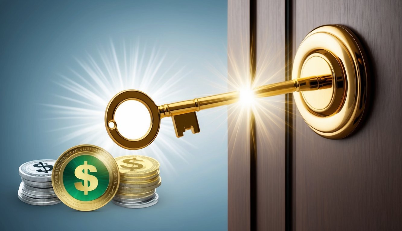 A golden key unlocking a door with a shining halo above, surrounded by symbols of wealth and success