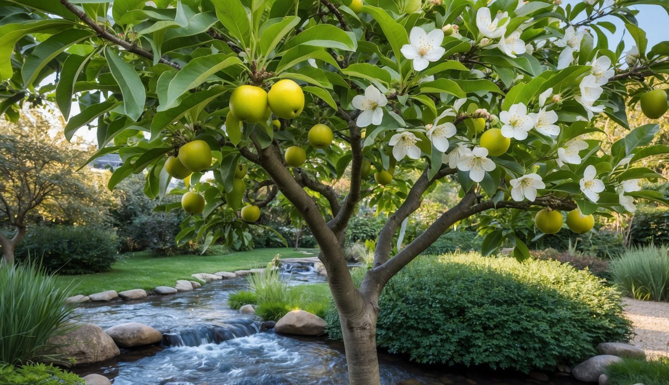 A serene garden with a tree bearing both fruit and blossoms, surrounded by a flowing stream and gentle sunlight filtering through the leaves