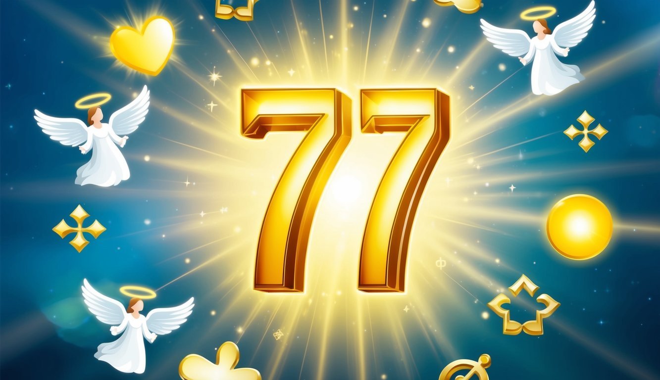 A glowing number 77 surrounded by angelic symbols and lucky charms, radiating a sense of positivity and divine guidance