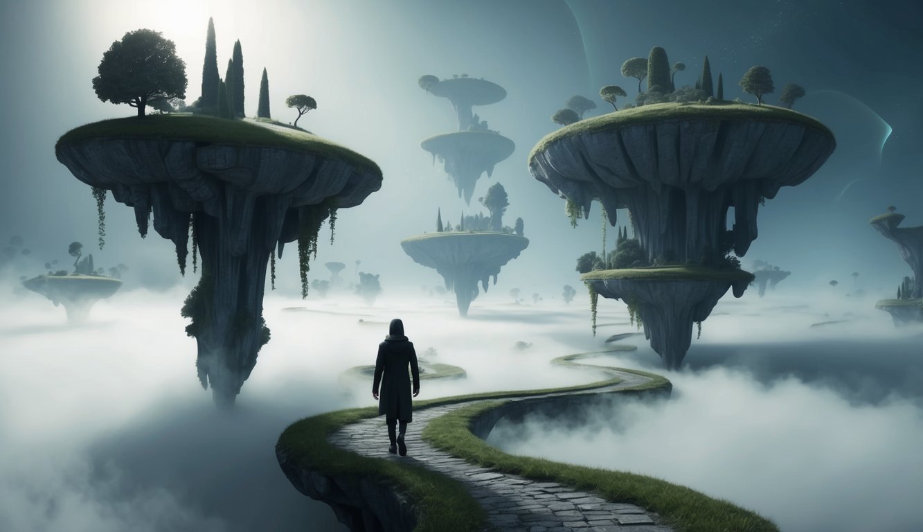 A figure wanders through a surreal landscape of floating islands and twisting pathways, surrounded by mist and ethereal light