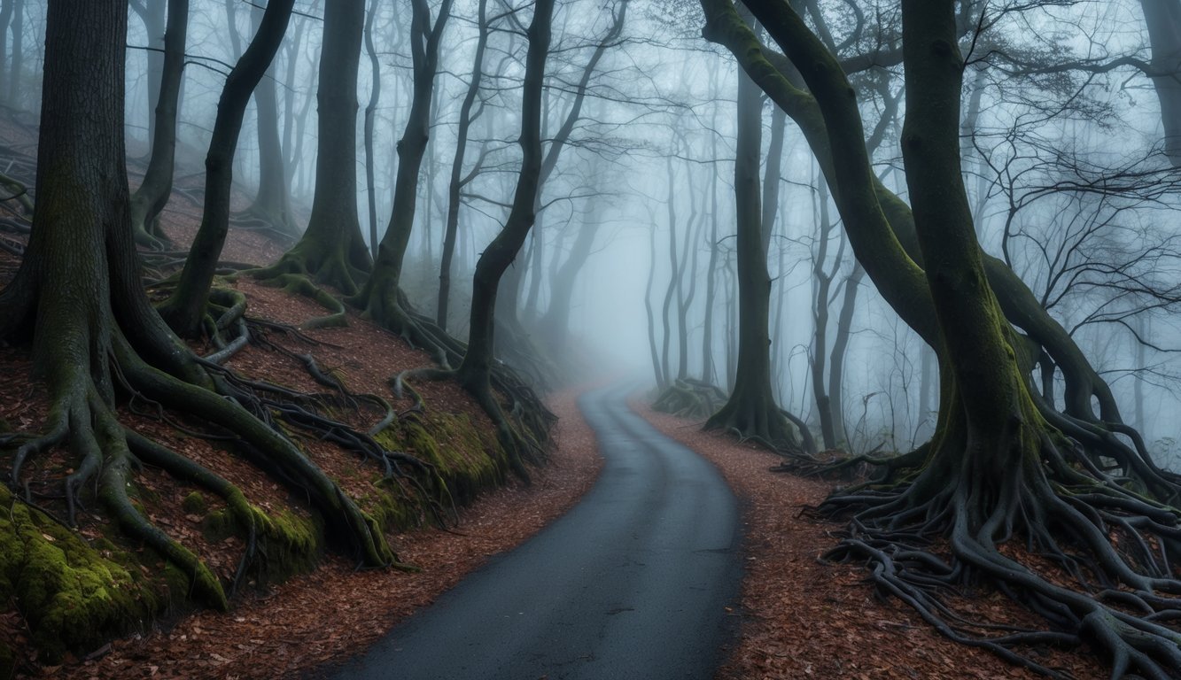 A dense fog envelops a winding forest path, casting an eerie glow on twisted trees and tangled roots