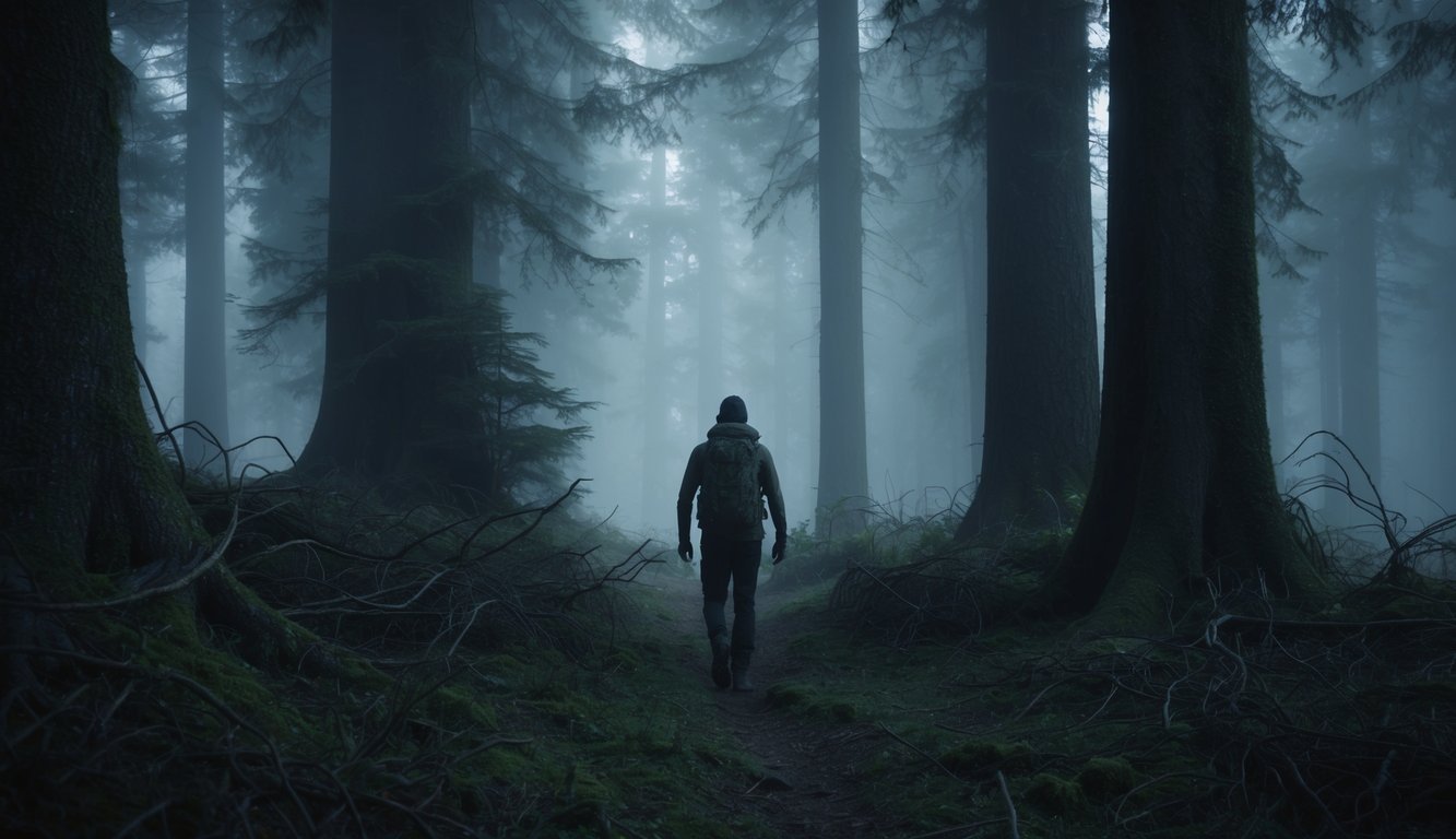 A lone figure wanders through a dense forest, surrounded by towering trees and tangled underbrush.</p><p>The dim light filters through the canopy, casting eerie shadows on the uncertain path ahead