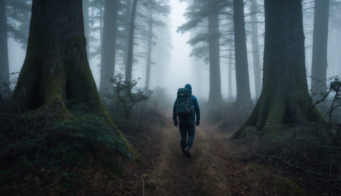 A figure wanders through a dense fog, surrounded by towering trees and tangled underbrush.</p><p>The path ahead is obscured, and a sense of disorientation permeates the air