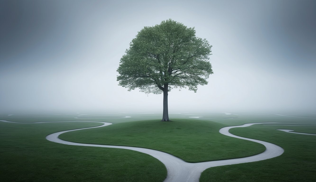 A lone tree standing in a vast, misty forest, with winding paths leading in all directions, symbolizing personal growth and dream reflection