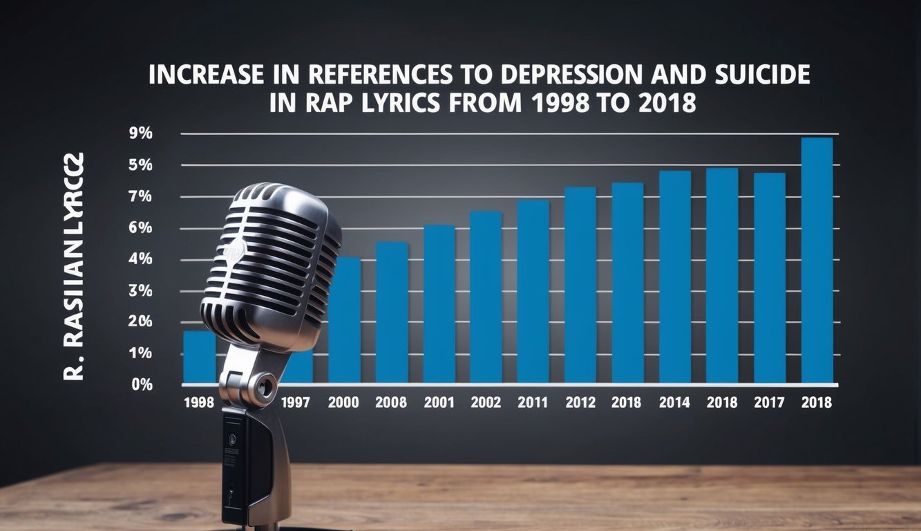 A microphone surrounded by rising bar graphs showing the increase in references to depression and suicide in rap lyrics from 1998 to 2018