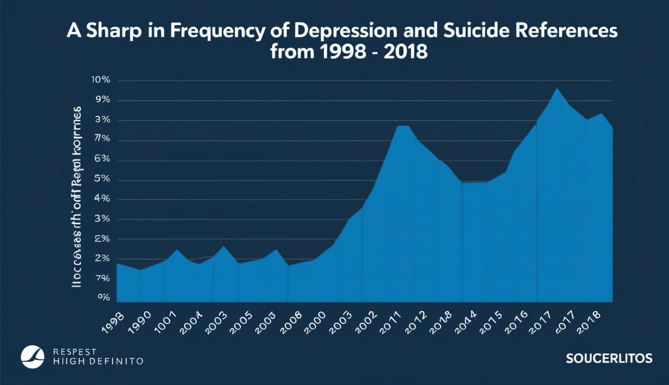 A graph showing a sharp increase in the frequency of depression and suicide references in rap lyrics from 1998 to 2018