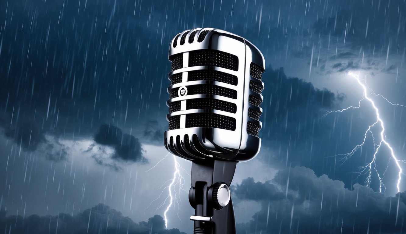 A microphone surrounded by dark, stormy clouds, with rain falling heavily and lightning striking in the background