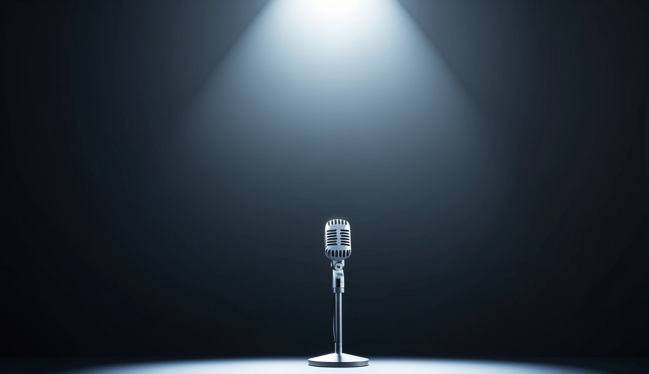 A microphone stands alone on a dimly lit stage, surrounded by shadows. A spotlight shines down, casting a stark contrast between light and dark
