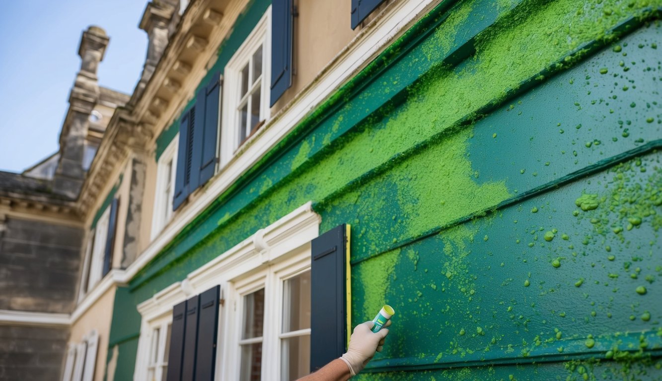 Bacteria-infused coating being applied to a vintage building, showcasing the process of self-healing materials for historic preservation