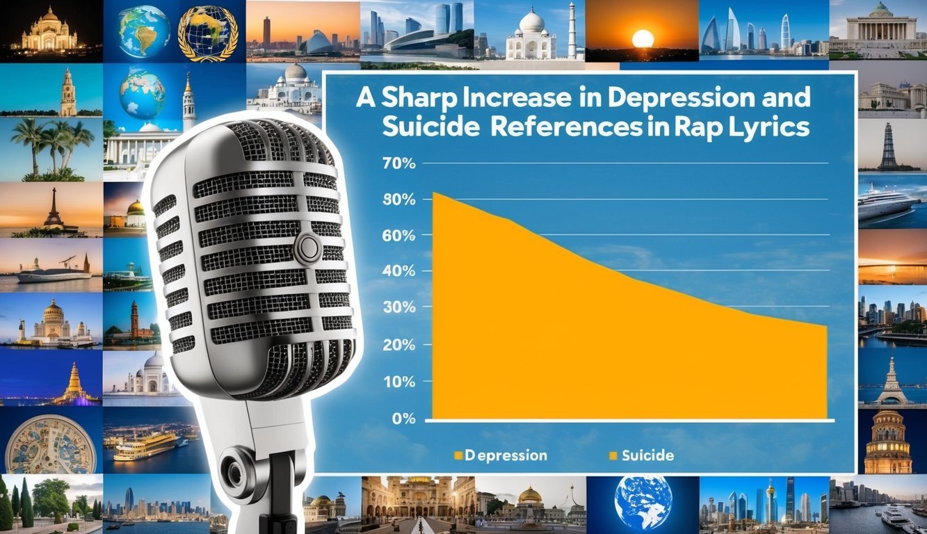 A microphone surrounded by a collage of global landmarks and cultural symbols, with a graph showing a sharp increase in depression and suicide references in rap lyrics