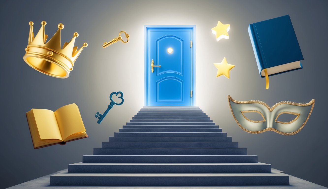 A staircase leading up to a glowing door, surrounded by floating objects representing different dreams - a crown, a key, a book, a star, and a mask