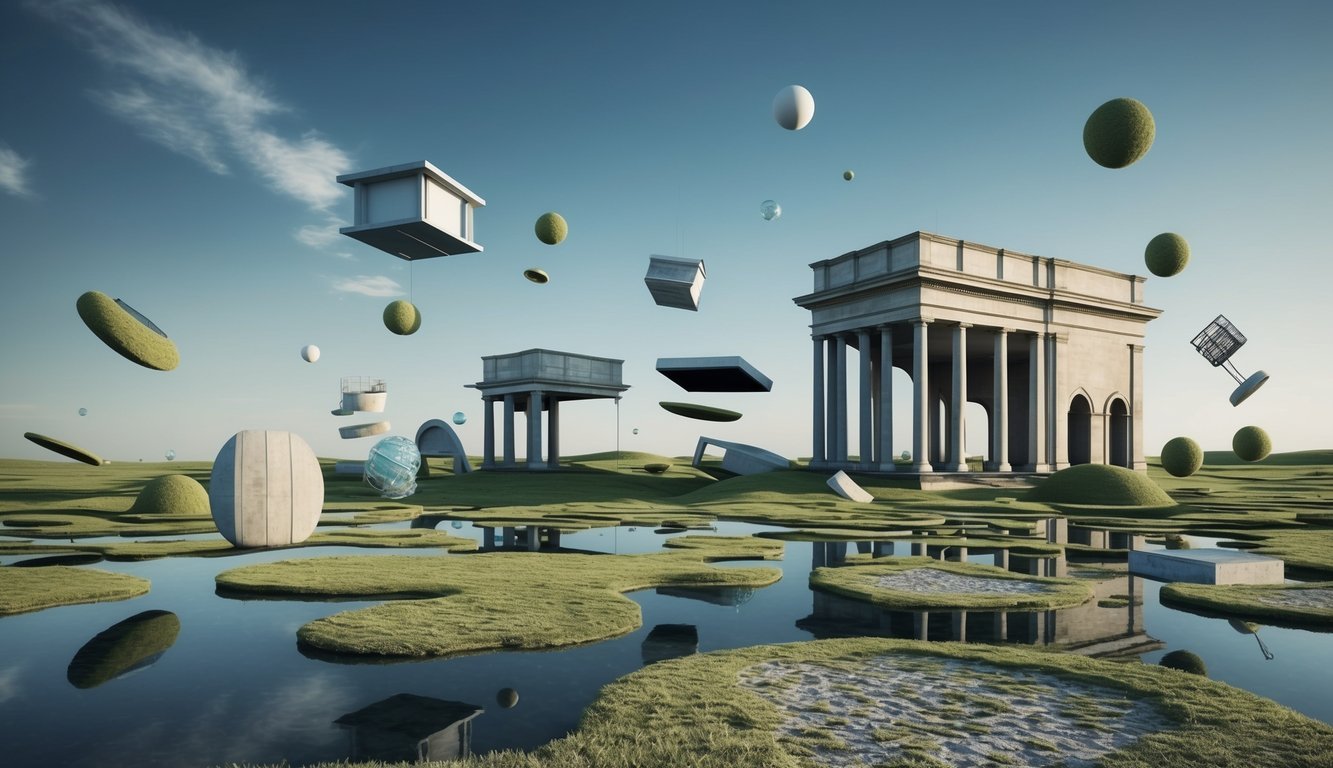 A surreal landscape with floating objects and distorted architecture, evoking dream symbolism in literature
