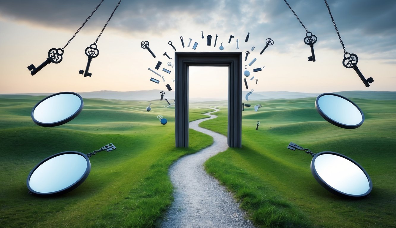 A serene landscape with a winding path leading to a mysterious doorway, surrounded by surreal objects like floating keys and mirrors