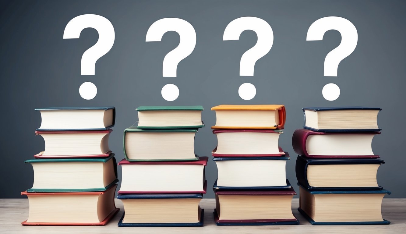 A stack of books with question marks floating above them