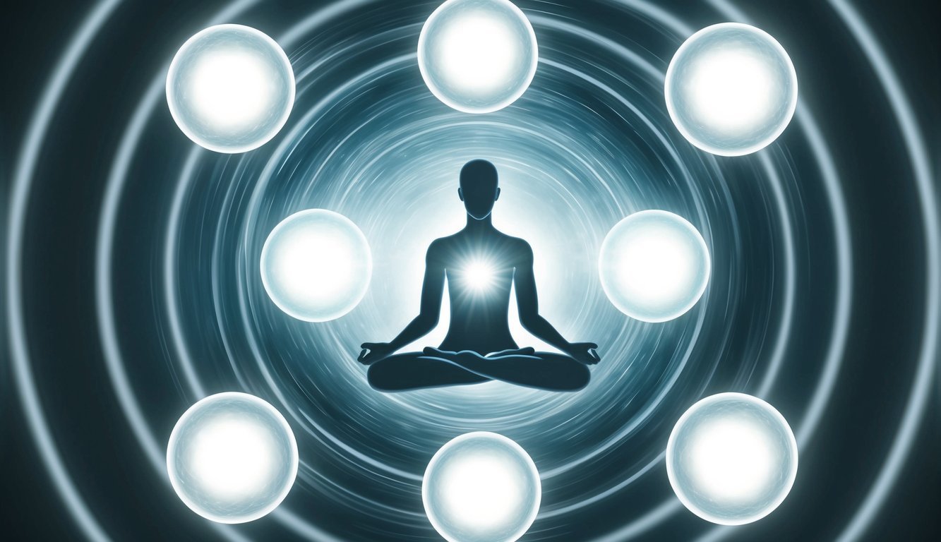 A serene figure surrounded by six glowing, protective orbs, radiating calm and reassurance amidst swirling misconceptions