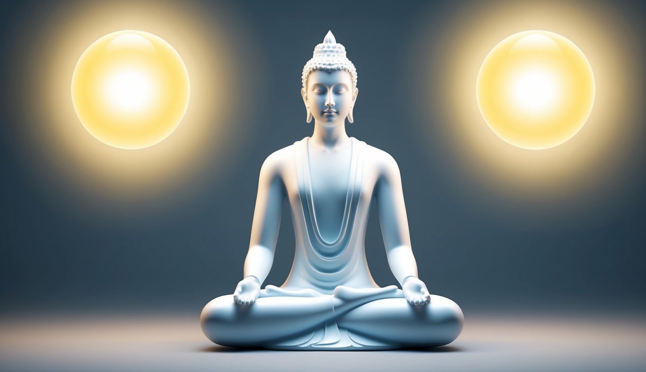 A serene figure surrounded by two glowing orbs, symbolizing spiritual enlightenment and inner guidance