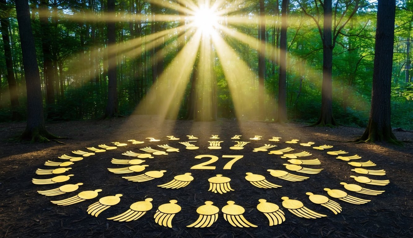 A serene forest clearing with rays of light shining through the trees, casting a warm glow on a cluster of 227 angelic symbols arranged in a circular pattern on the ground