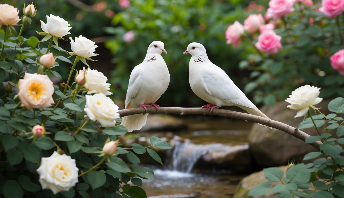 A serene garden with two white doves perched on a branch, surrounded by blooming roses and a gentle stream flowing nearby