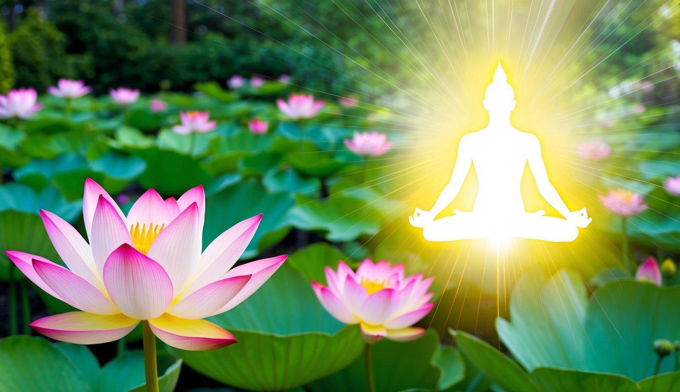 A serene garden with blooming lotus flowers and a glowing, ethereal figure surrounded by rays of light, symbolizing personal growth and spiritual enlightenment