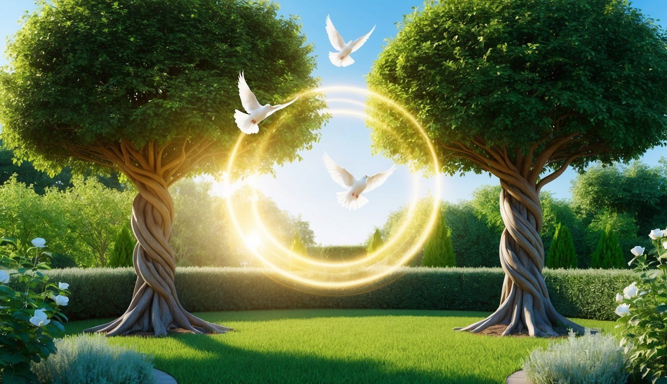 A serene garden with two intertwined trees, surrounded by a halo of light, and two white doves flying overhead