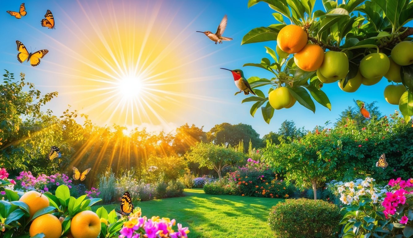A radiant sun shining over a lush garden, with blooming flowers and ripe fruits, surrounded by butterflies and hummingbirds