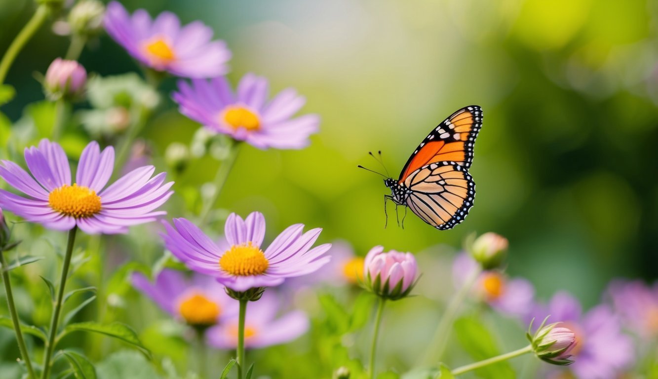 A serene garden with blooming flowers and a butterfly emerging from its chrysalis, symbolizing personal growth and transformation